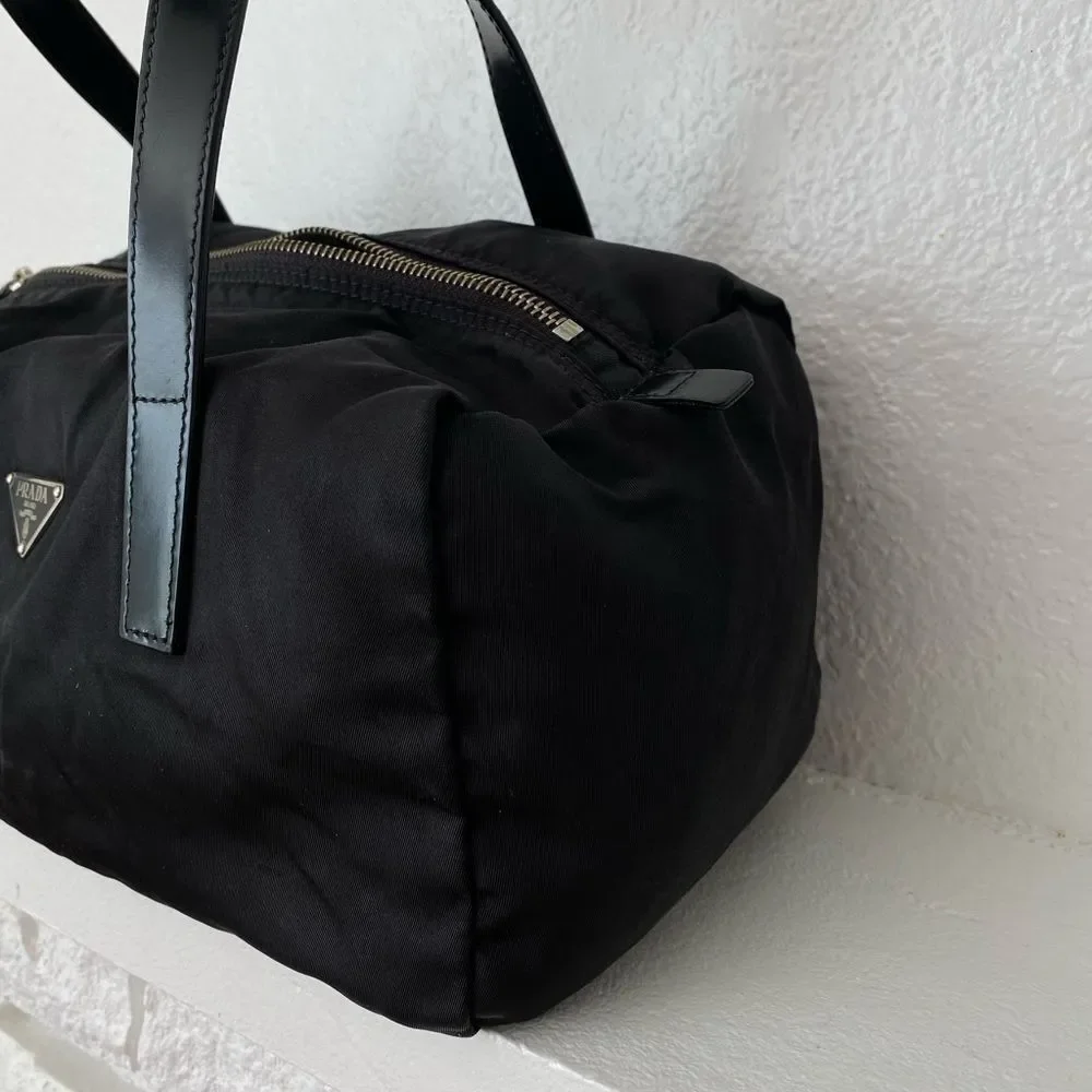 Prada black nylon duffle satchel bag